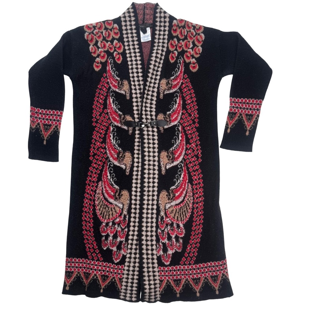 BCBGMAXAZRIA Womens Long Cardigan Sweater Black Red Angora BlendDuster BC34359 L